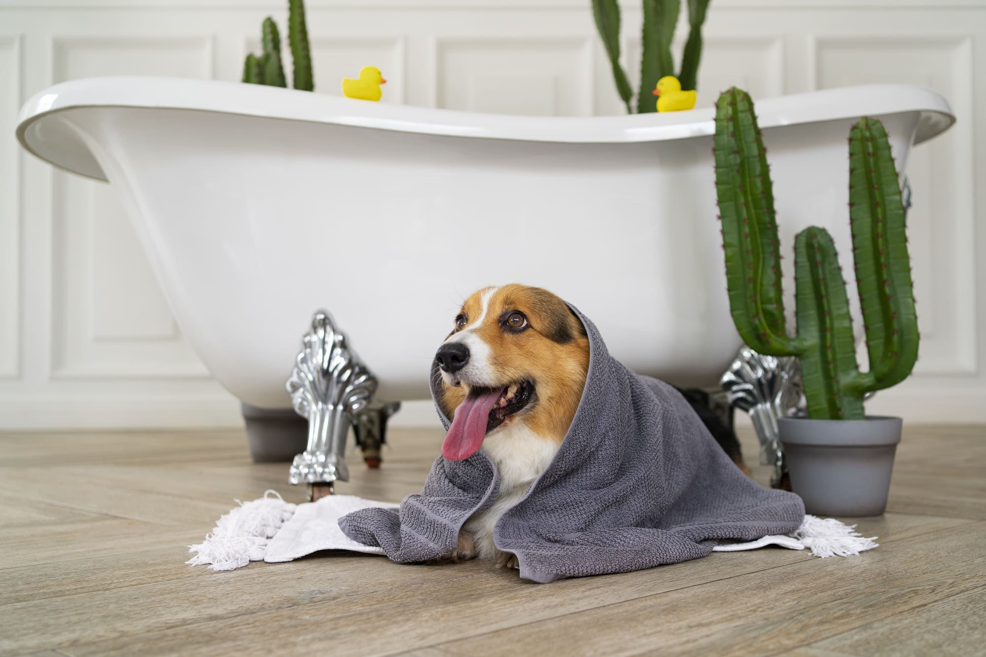 dog after washing sitting in vinyl floor